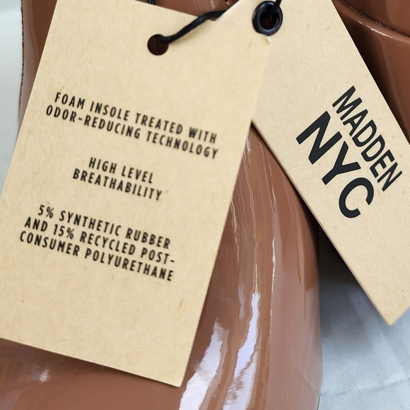 Madden NYC Caramel Tan Patent Leather Side Zip Block Heeled Almond Toe Bootie - Picture 6 of 15